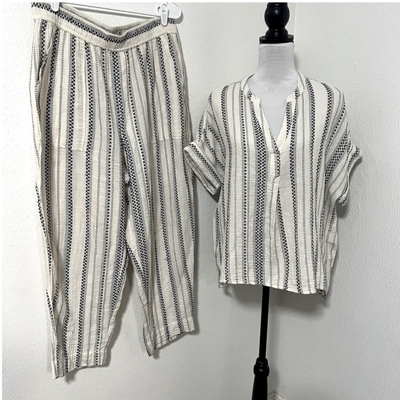 Madewell Women’s Large 2 Piece Lightspun Pull-On Balloon Pant Set Striped Pocket - Picture 1 of 13